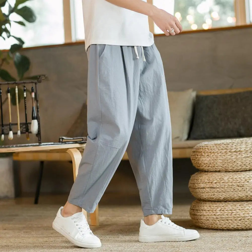 Men Cropped Trousers Men Casual Pants Men's Loose Straight Drawstring Ninth Pants with Elastic Waist Pockets Solid for Daily.