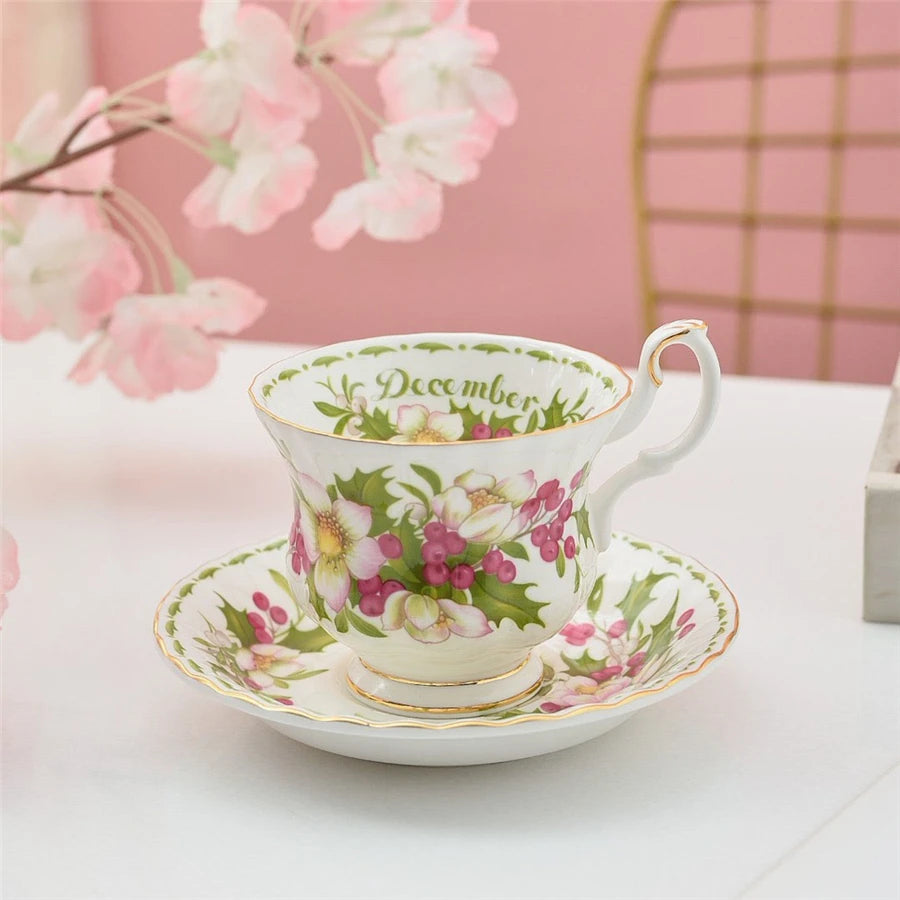 Coffee Cup and Saucer Set Month Flower Mug Bone China Drinking Set Ceramic Cup and Saucer Home Teacup Dessert Saucer Gifts.