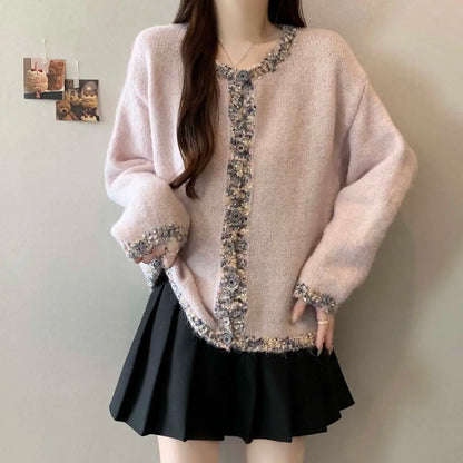 Pailletten-Strickjacke für Damen, Herbst und Winter, lockeres Schlankheitsoberteil