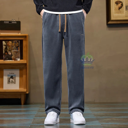 Autumn Winter Men's Corduroy Pants Elastic Waist Fashion Stretch Loose Straight Black Grey Thick Trousers Male Plus Size M-5xl