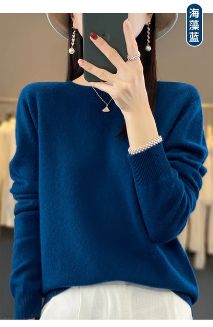 100% Merino Wool Sweater Women O-neck Cashmere Knitwear Female Pullover Autumn Winter Casual Tops Solid Color Soft  Clothing