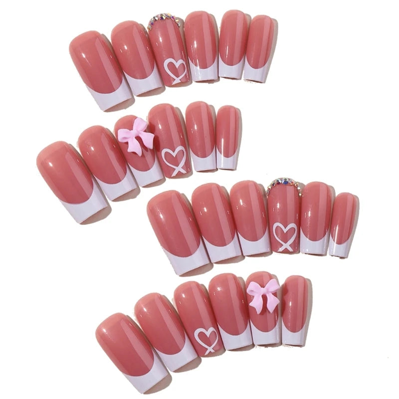 Chic Bows Tie Adorned Press On Nails Medium Long False Nails Full Cover Glossy Nude Square Acrylic False Nails Drop Shipping.