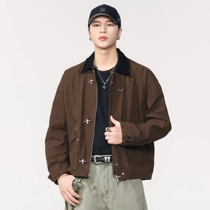 Men Washed Cotton Metal Buckle Streetwear Vintage Loose Casual Short Bomber Cargo Jacket Couple Spring Autumn Coat Outerwear.