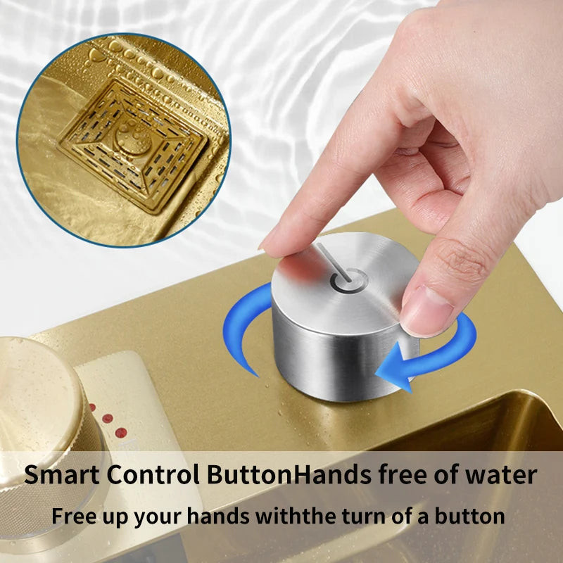 YCRAYS Golden Nano Multifunctional Kitchen Sink 4 Mode Waterfall Faucet Large Single Bowl Soap Dispenser Pure Tap Cup Washer