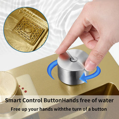 YCRAYS Golden Nano Multifunctional Kitchen Sink 4 Mode Waterfall Faucet Large Single Bowl Soap Dispenser Pure Tap Cup Washer