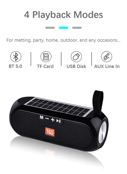 T&G TG182 Solar Charging Portable Stereo speakers Wireless Bluetooth With Mic Outdoor Loudspeaker Waterproof FM Radio Soundbar.
