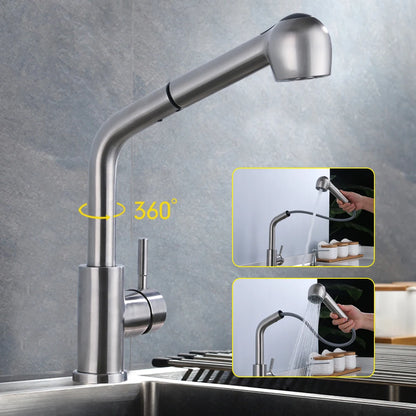 360° Rotating Retractable Sink Faucet Hot and cold Water Button Ceramic Valve Kitchen Stainless Steel Faucet with Shower
