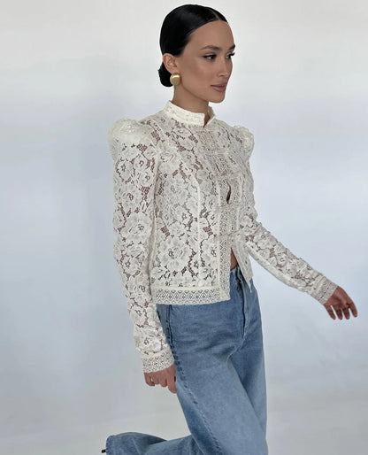 Tuularose Luxury Lace Blouse Fashion Lace Print Single Breasted Slim Shirt Vintage Elegant Party Looks Summer Women Blouse Tops