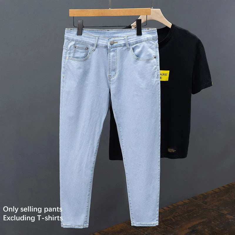 White Jeans Men's Slim Straight Ankle-length Soft Comfort Elastic Denim Trousers Fashion Korean Basic Casual Pencil Pants.