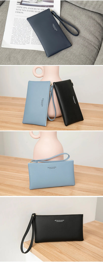 Simple Solid Color Thin Long Wallet PU Leather Large Capacity Zipper Wallet Classic Fashion Womens Handbag Can Hold Mobile Phone.