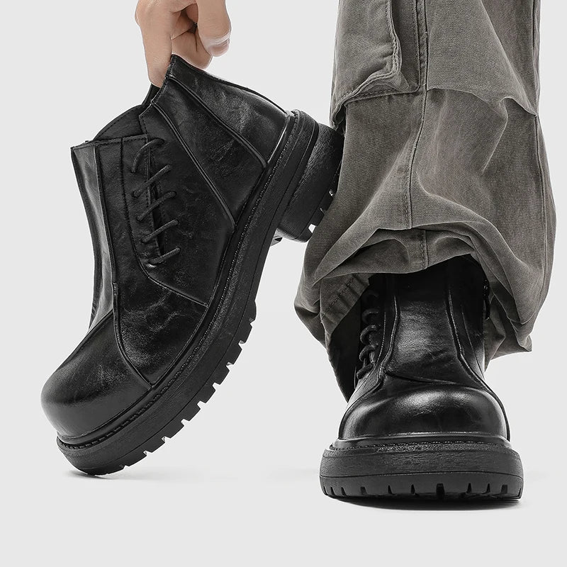 Autumn Winter Mens Ankle Boots Genuine Leather  Platform Chelsea Boots Street Style Male Motorcycle Boots High Top Walking Shoes.