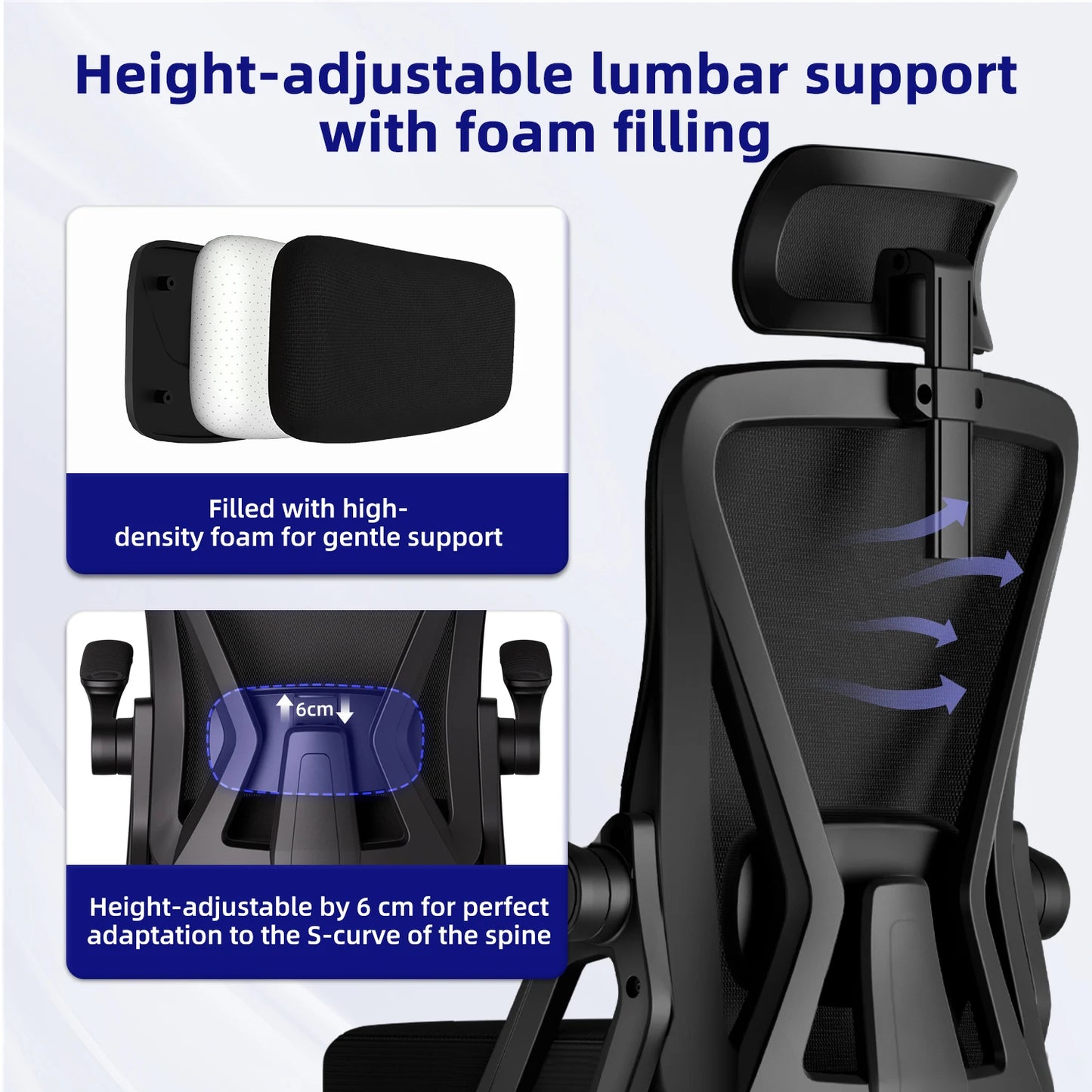 Bürostuhl, ergonomisch, verstellbar, 90er ° -135 ° ,Schreibtischstuhl mit Lordosenstütze, Computerstuhl mit verstellbarer Kopfstütze, Wohnzimmerstühle