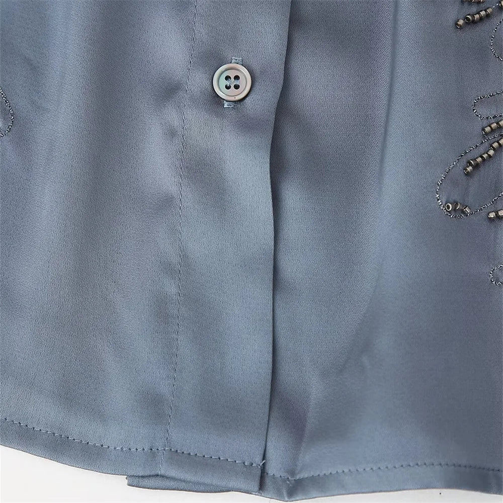 Summer New Product Women's Style Flip Collar with Beaded Embroidered Shirt, High Waist Straight Leg Pants Set.