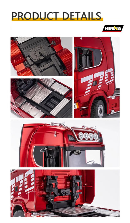 HUINA 1/18 19CH RC Truck 1501 770S Scania Alloy Tractor 2.4G Remote Control Engineering Trailer Truck with Light and Sound Toys.