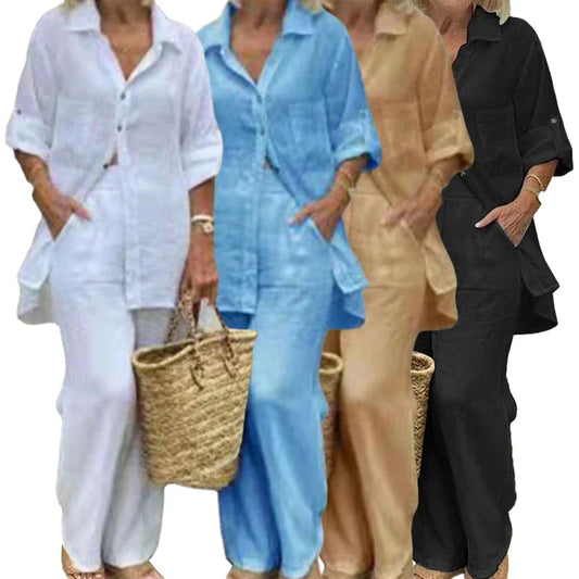 New Cotton Linen Suit Women's Tracksuit Oversize Shirt Loose Pants Set Female Trendy Daily Casual Fashion Ladies 2 Piece Sets.