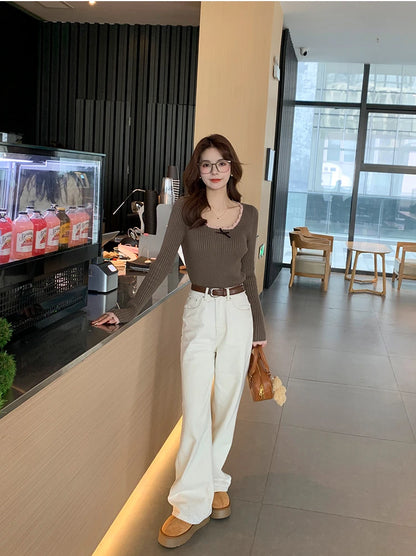 HOUZHOU Vintage Elegante Kokette Gestrickte Pullover Frauen Koreanischen Stil Cuteore Sexy Bogen Patchwork Quadrat Kragen Dünne Strickjacke 2025.