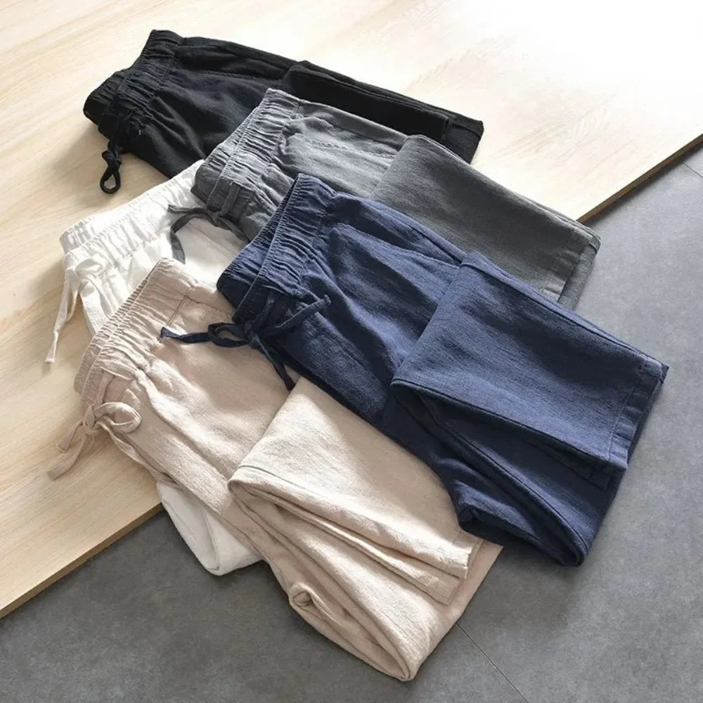 Men's Cotton Linen Casual Pants Baggy Streetwear Men Joggers Sports Trousers Solid Color Long Straight Trendy Pants for Men.