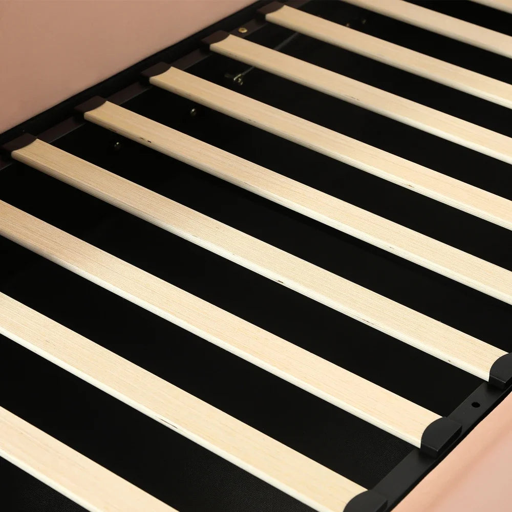 Polsterbett, Einzelbett, Babybett, niedlicher Hasenkopf, hydraulisches Bett mit Stauraum, erhöhter weicher Zaun, Samt, rosa + weiß, 90 x 200 cm