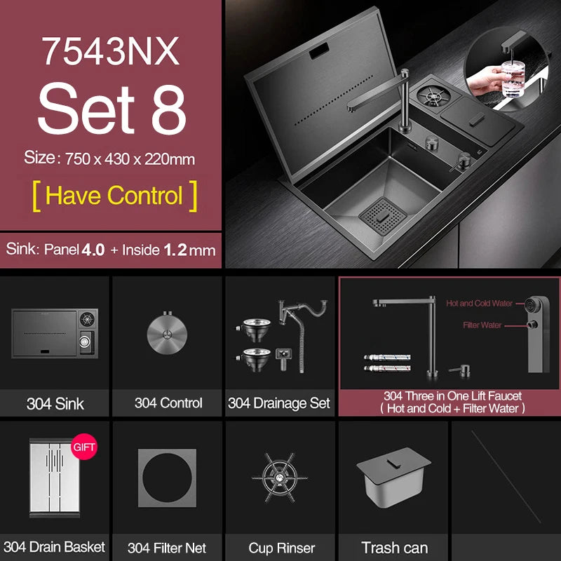 ASRAS Nanometer Hidden Flip Cover kitchen Island Sink 4mm Thickness Handmade Cup Rinser And Trash Can Kitchen Sinks