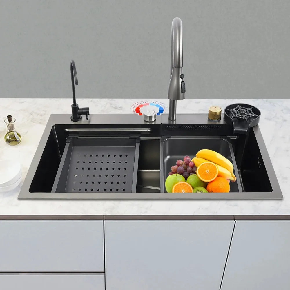 Küchenspüle aus Edelstahl, 70 x 35 x 20 cm, versenkte Spüle mit vier Auslassmodi, Küchenspüle-Set mit Schneidebrett