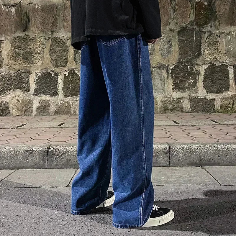 2024 New Streetwear Loose Jeans Men Korean Style Fashion Loose Straight Wide Leg Pants Men's Brand Clothing Black Light Blue.