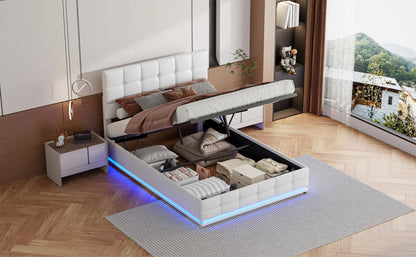 Anajqaqia Doppelbettgestell, mit LED-Beleuchtung und hydraulischem Bettrahmen, 140 x 200 cm, Weiß