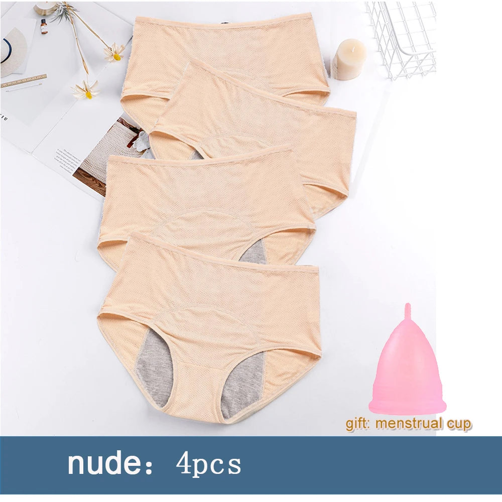 4pcs Women Menstrual Panties+gift Menstrual Cup Female Period Leak Proof Underwear Plus Size Maternal Physiological Briefs