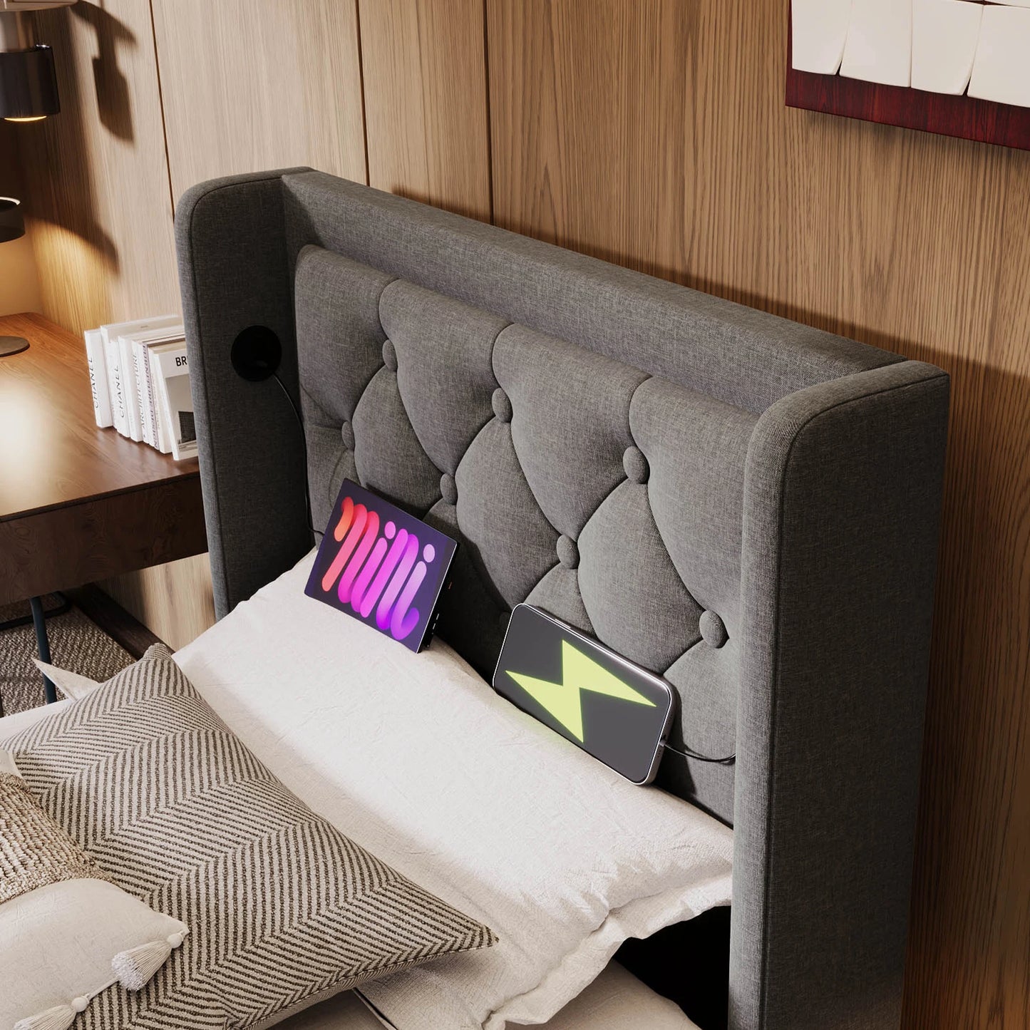 Gepolstertes Einzelbett 90x200 cm, graue Baumwolle, USB-C-Aufladung, 3-seitige LED (keine Matratze)