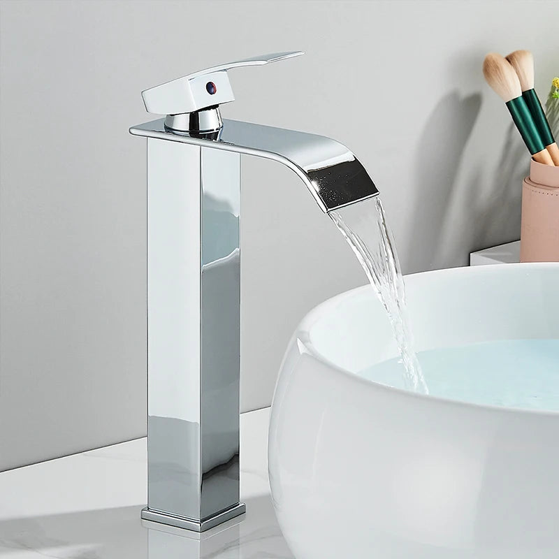 Chrome Bathroom Basin Faucet Waterfall Faucet Single Handle Wide Spout High Style Hot Cold Water Tap  for Bathroom