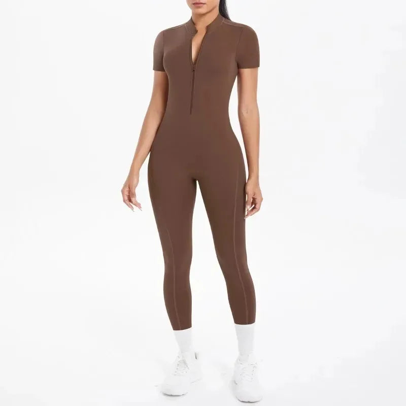 New Women's Yoga Jumpsuit Front Zipper Tight Back Hollow Out Short Sleeve-pants Activewear for Fitness Running Gym Workout.
