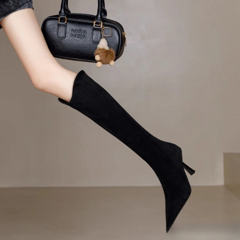 Vintage Pointed Toe Women Stretch Slim High Boots Fashion Back Zippers Shoes Autumn Winter High Heel Ladies Knight Long Booties.