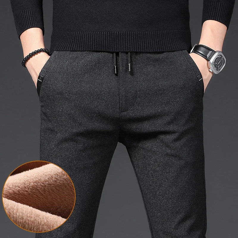 Winter Plush Trousers Men Business Fleece Pants Fashion Warm Drawstring Velvet Thick Casual Stretch Male Clothes 28-29