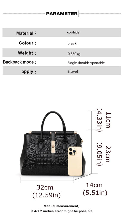 Aidrani Genuine leather women's handbag, fashion crocodile pattern design, high-end luxury cowhide bag large capacity.