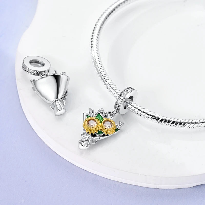 Flowers Series 925 Sterling Silver Sunflowers Tulip Carnation Charms Fit Original Bracelet  For Women Jewelry Making.
