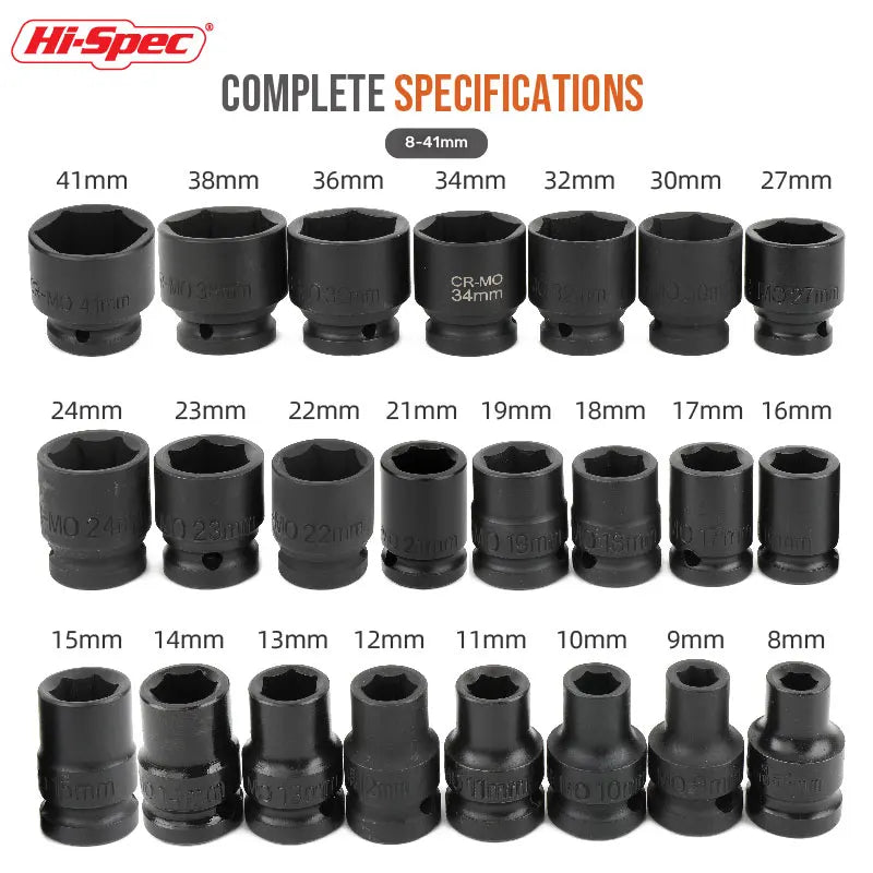Hi-Spec 1/2" Drive Impact Socket Set Impact Wrench Sockets Cr-mo Hex Sockets CR-V  Handwerkzeuge zum Entfernen großer Innensechskantmutter