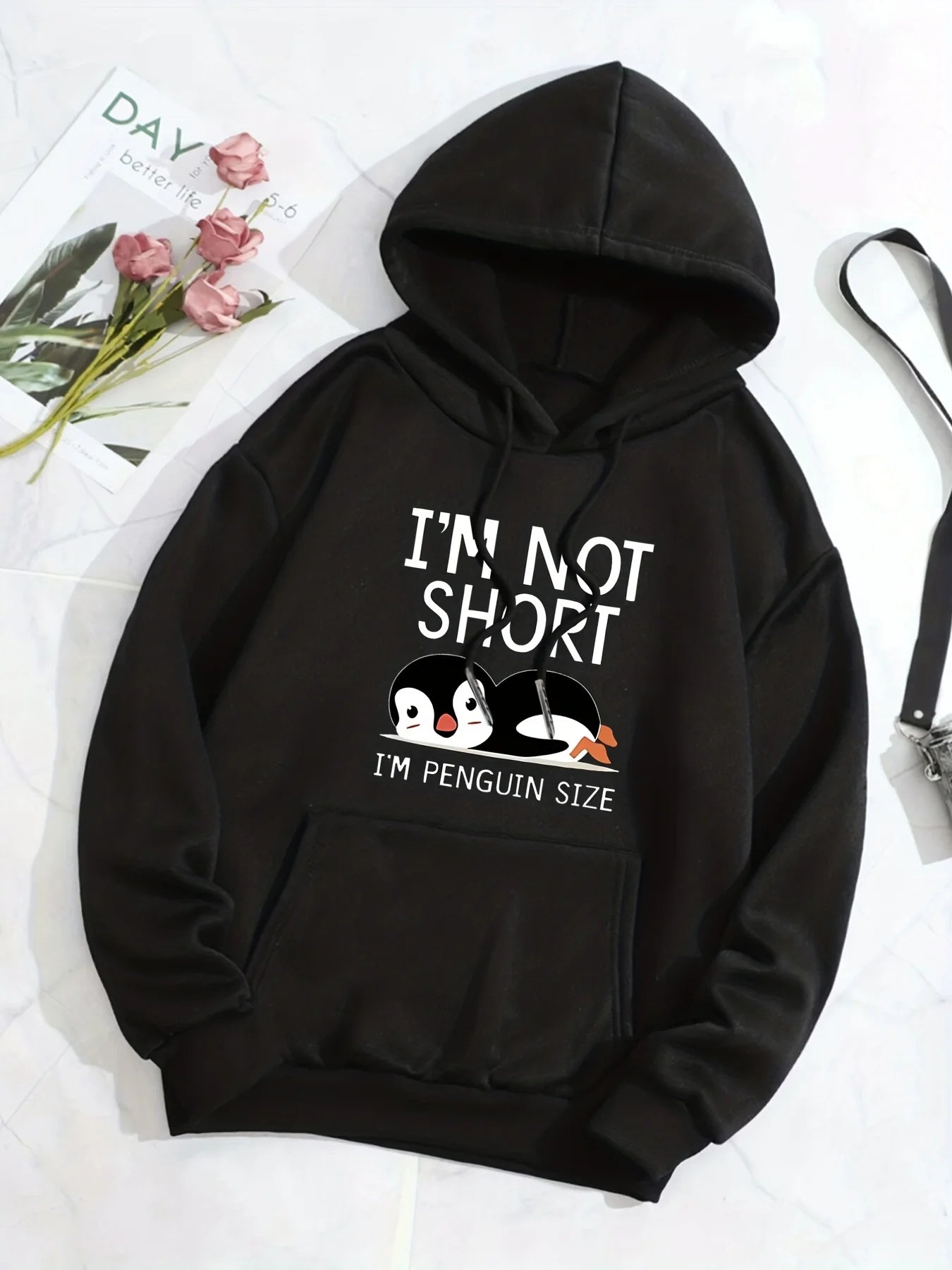 I'M Not Short ,I'M Penguin Size Funny Printing Women Hooded Fashion Cute Hoodies Basic Casual Hoody Fleece Warm O-Neck Clothes.
