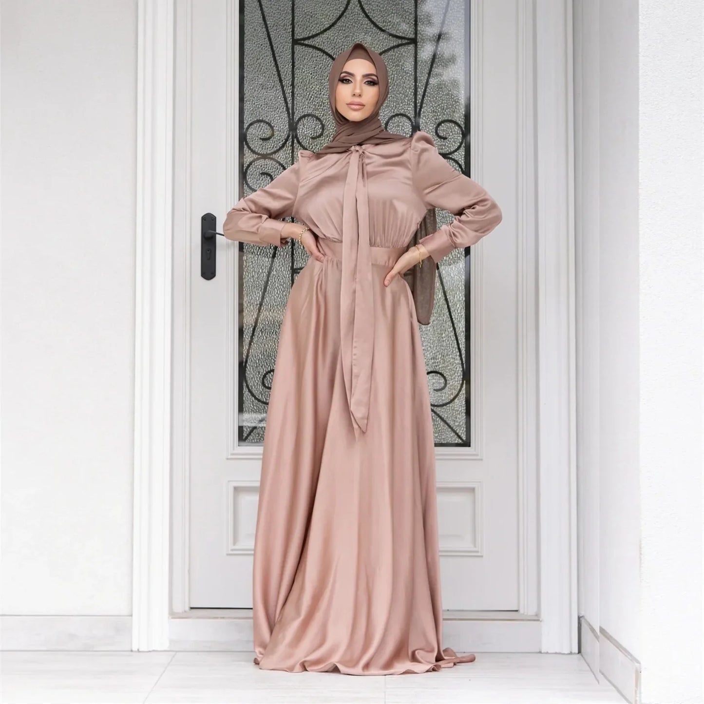 Elegant Satin Dress for Women Muslim Fashion Abaya Hijab Dubai Turkey Evening Dresses Arabic Kaftan Robe Female Islamic Clothing.