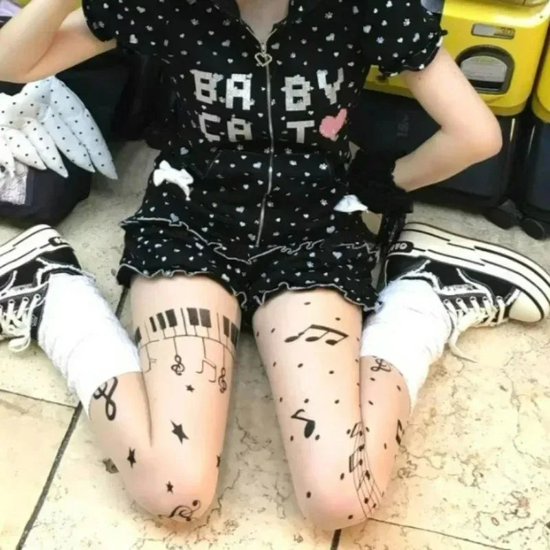 Women Personalized Stocking Gothic Music Notes Print Tights Thin High Elasticity Black Skin Leggings Spicy Girls Y2K Hosiery