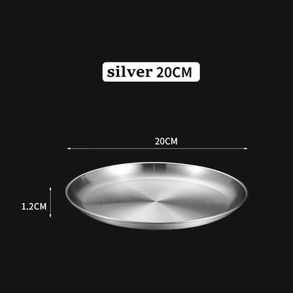 1Pcs Gold Stainless Steels Metal Round Plate Rust-Proof Shallow Tray Plate Camping Plate BBQ Picnic Dishes Cookware Tableware