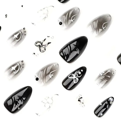 24Pcs False Nails Spicy Girl Silver Bow with Diamond Fake Nails with Glue Almond Press on Nails Black Cool Y2k Almond Nail Set.