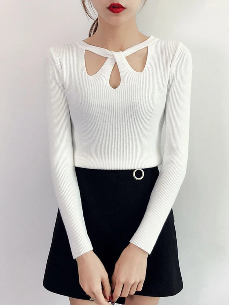 2025 Fashion Hollow Out Women Sweaters Autumn Winter Tops Slim Women Pullover Knitted Sweater Basic Solid Jumper Soft Warm Pull