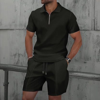 Men's Sportswear set, men's Zipper Polo Shirt set, 3D Printed Casual Zipper Polo Shirt + Shorts 2-piece Business Sportswear Set.