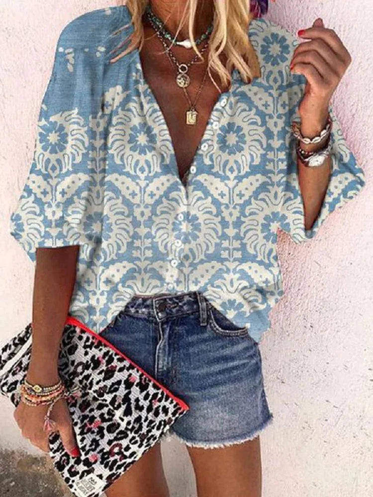 2024 New Women's Shirts & Blouses Fashion Vintage Printed Casual Vacation Bohemian Style Lady Single-breasted Shirt Streetwear.