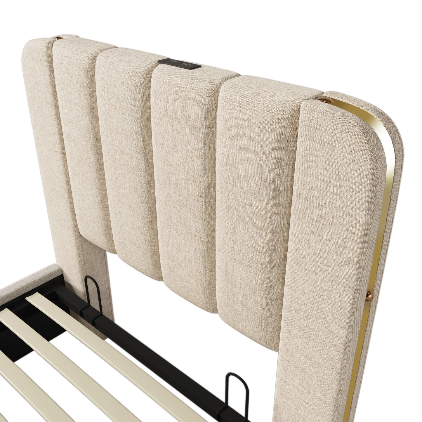 KOMHTOM Polsterbett Einzelbett 90x200 cm- mit goldenen Zierstreifen, USB Typ-C Ladefunktion, Leinen-Material, ohne Matratze