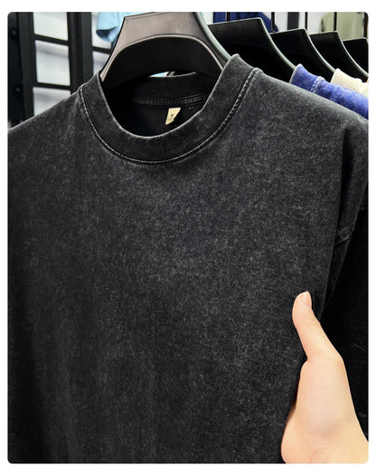 Personality washed vintage short sleeve T-shirt high-end 100% pure cotton men fashion round neck comfort lightweight casual top