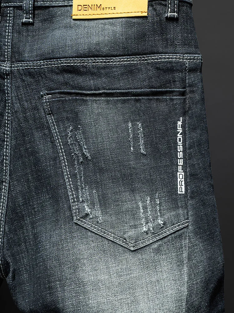 Fashion Ripped Men's Slim Straight Stretch Jeans Korean Personality Streetwear Denim Pants Classic Black Hip Hop Male Trousers.