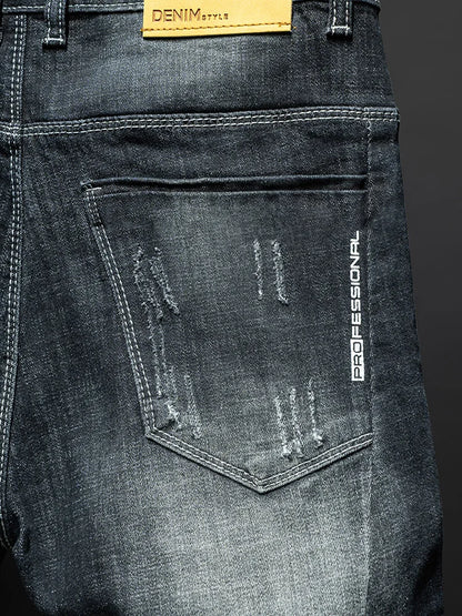 Fashion Ripped Men's Slim Straight Stretch Jeans Korean Personality Streetwear Denim Pants Classic Black Hip Hop Male Trousers.