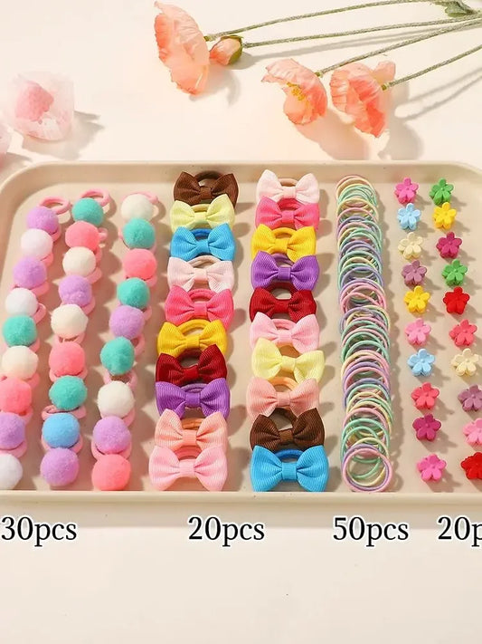 120PCS Hair Accessories Set For Girls Colorful Bowknot Hair Band Children Ponytail Holder Hair Ties Kids Elastic Rubber Bands.