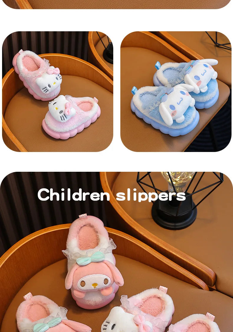 Sweet Family Winter Warm Slippers Cute Kawaii Sandals Kuromi My Melody Hello Kitty Soft Sole Shoes.