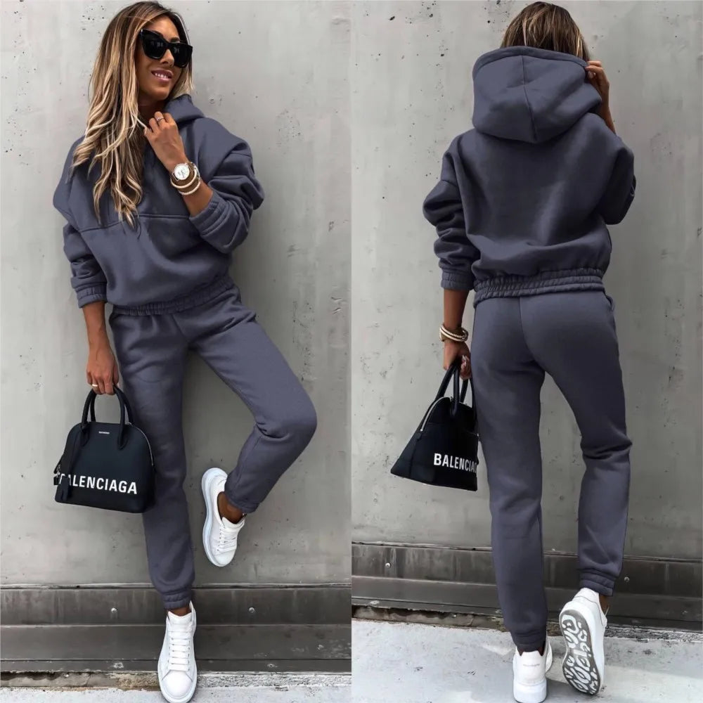 Autumn Winter New Solid Color Long Sleeve Hoodie Women's Casual Suit Fashion Loose Sports Hoodie + Small Foot Pants 2 Piece Set.